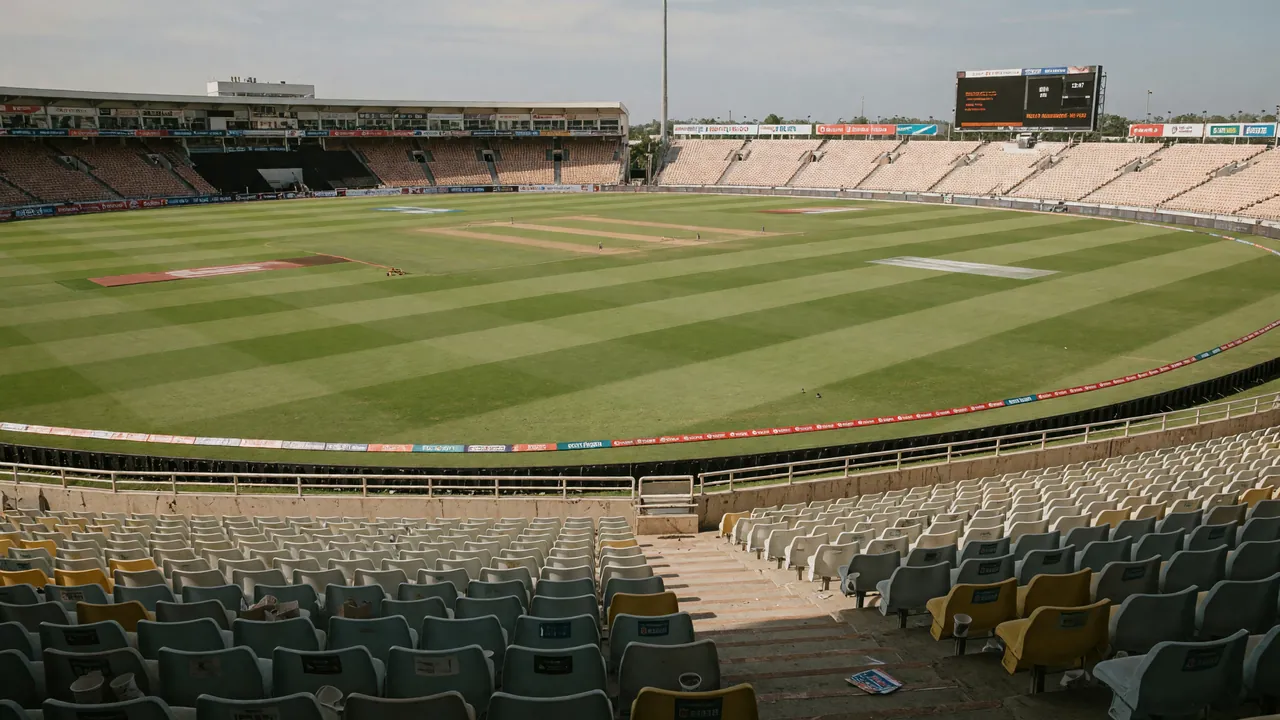Editorial photograph of a sunlit T20 ground between innings, no players in frame — news desk card.