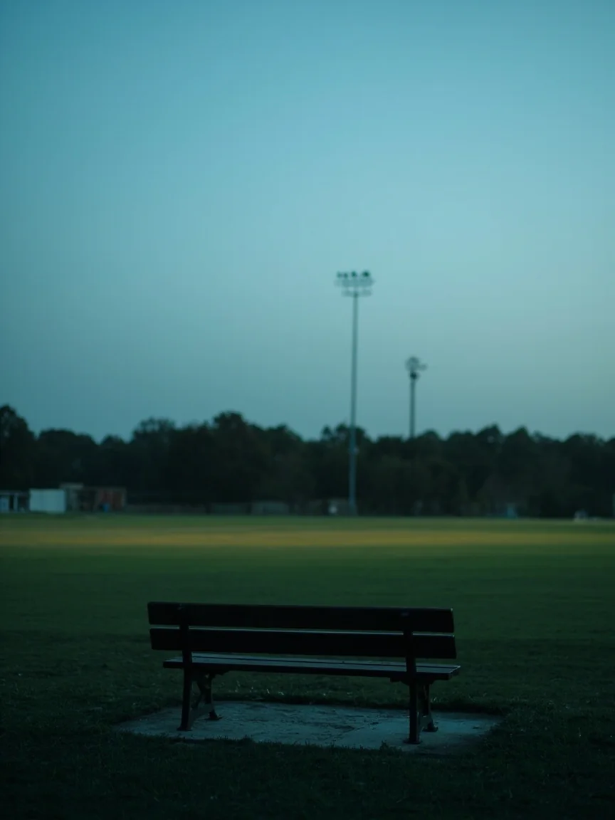 Editorial still of a single wooden park bench beside an empty cricket oval at dusk — privacy body card.