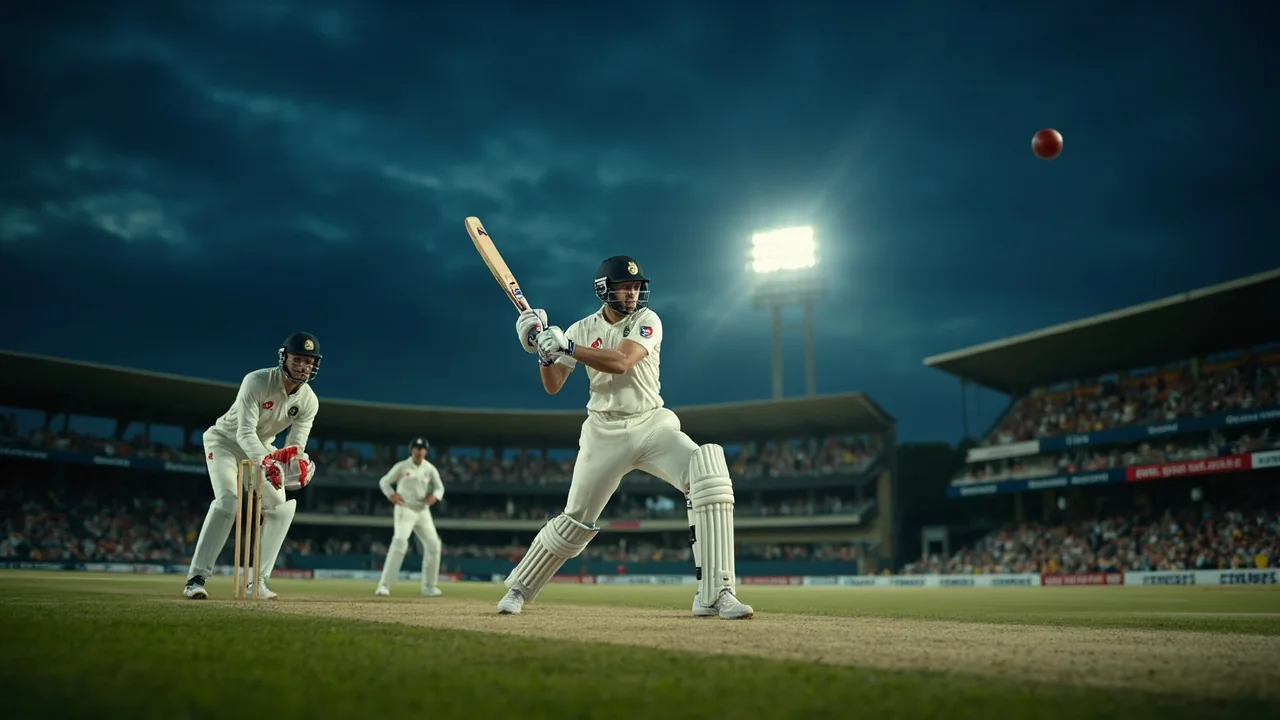 Editorial photograph of a T20 death-overs phase — finisher clearing the long-on boundary under floodlights.
