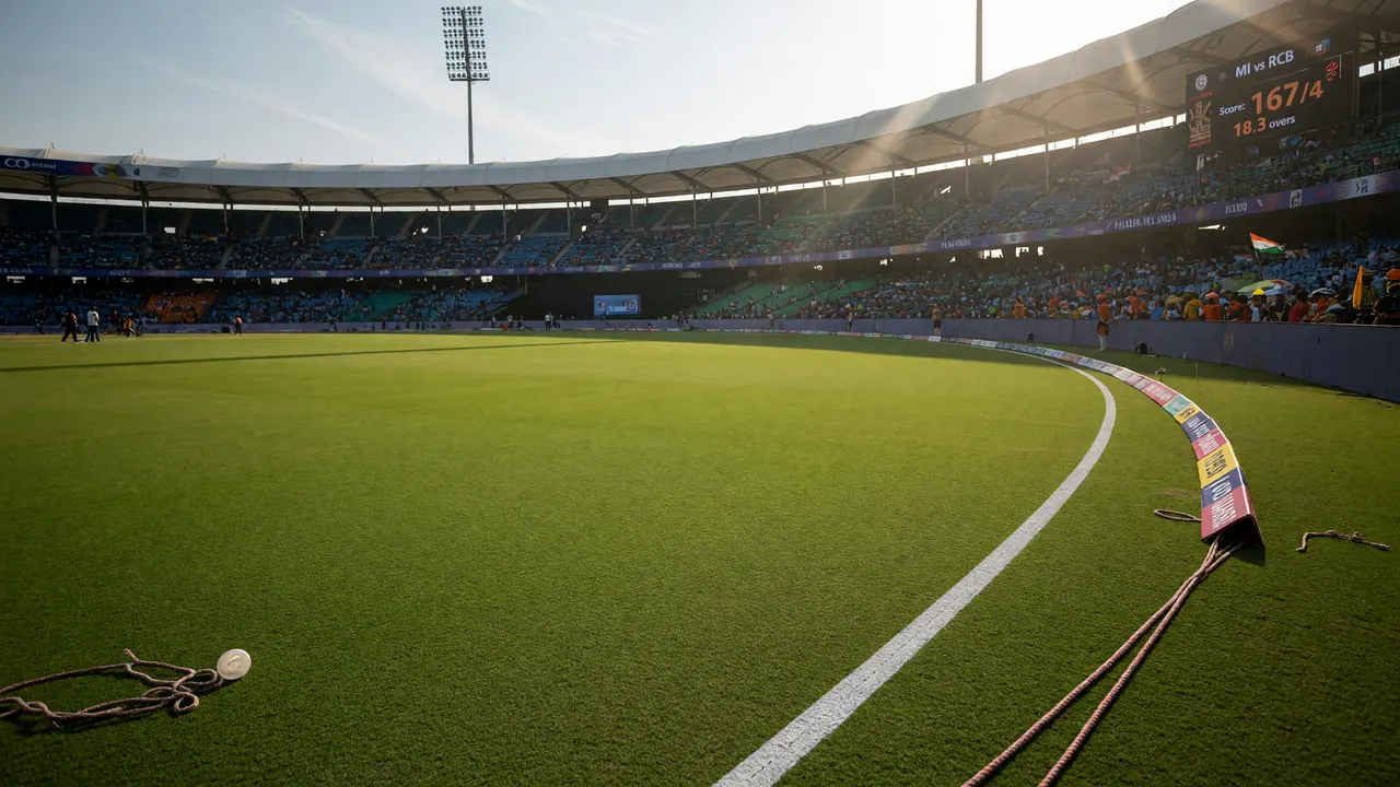 Editorial photograph of a sunlit T20 ground between innings, no players in frame — finisher illustration card.