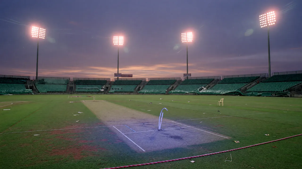 Editorial photograph of a T20 pitch under cool evening floodlights, square-leg view, quiet mid-innings pause — late-innings illustration card.
