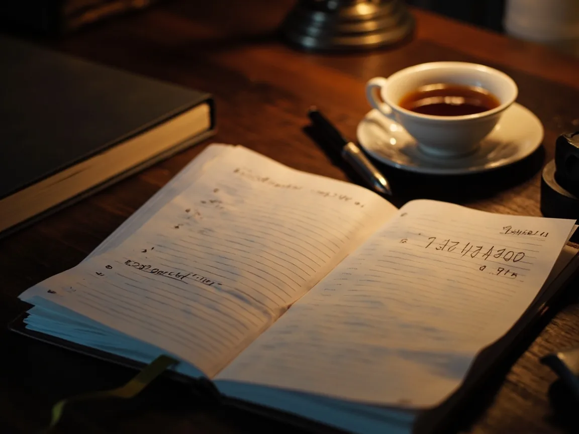 Editorial photograph of a cricket journalist's open points-ledger notebook with a pen and half-drunk cup of tea on a wooden press table.