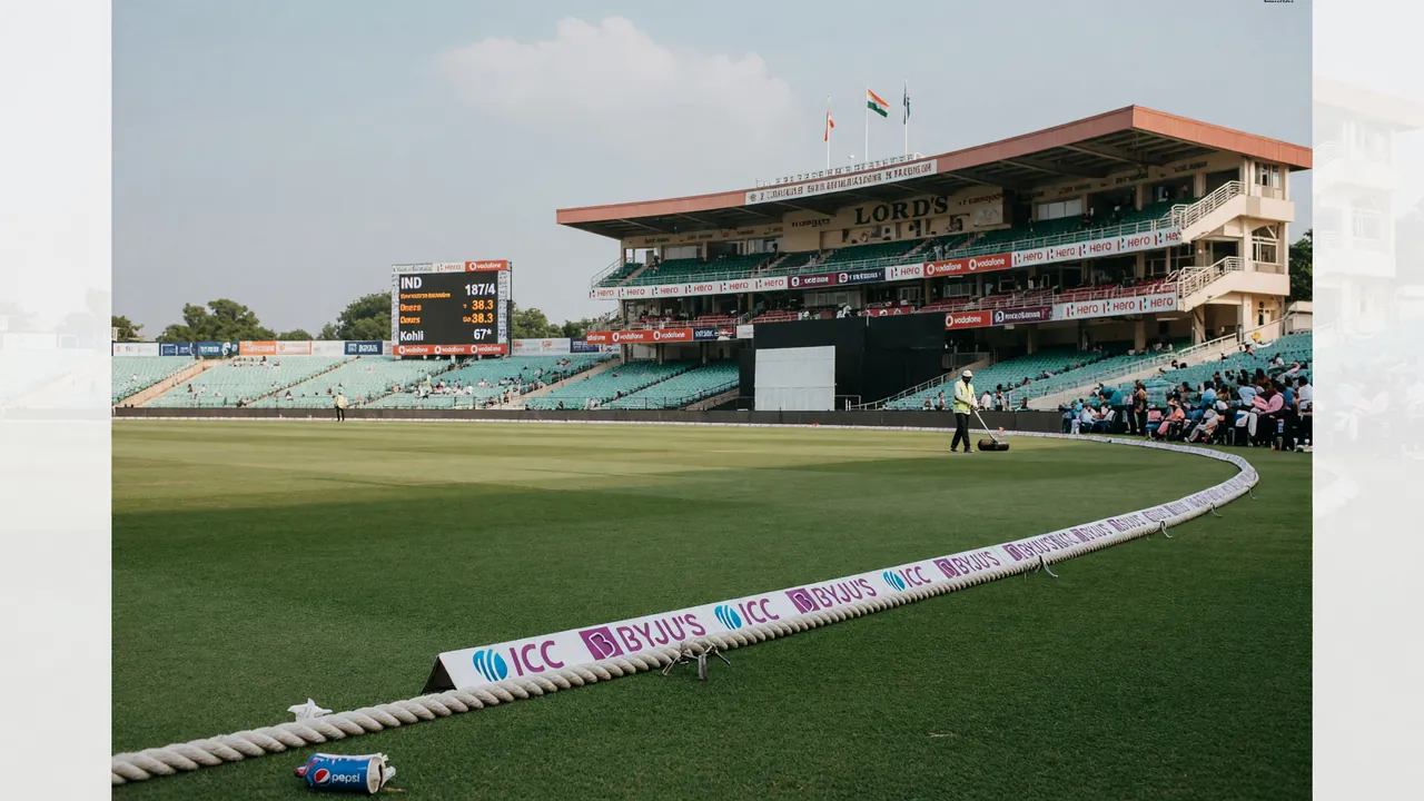 Boundary-rope view of an international cricket stadium with the rope and pitch in the foreground.