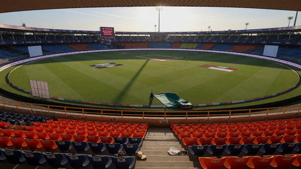 Editorial photograph of a sunlit T20 ground between innings, no players in frame — disputes card.